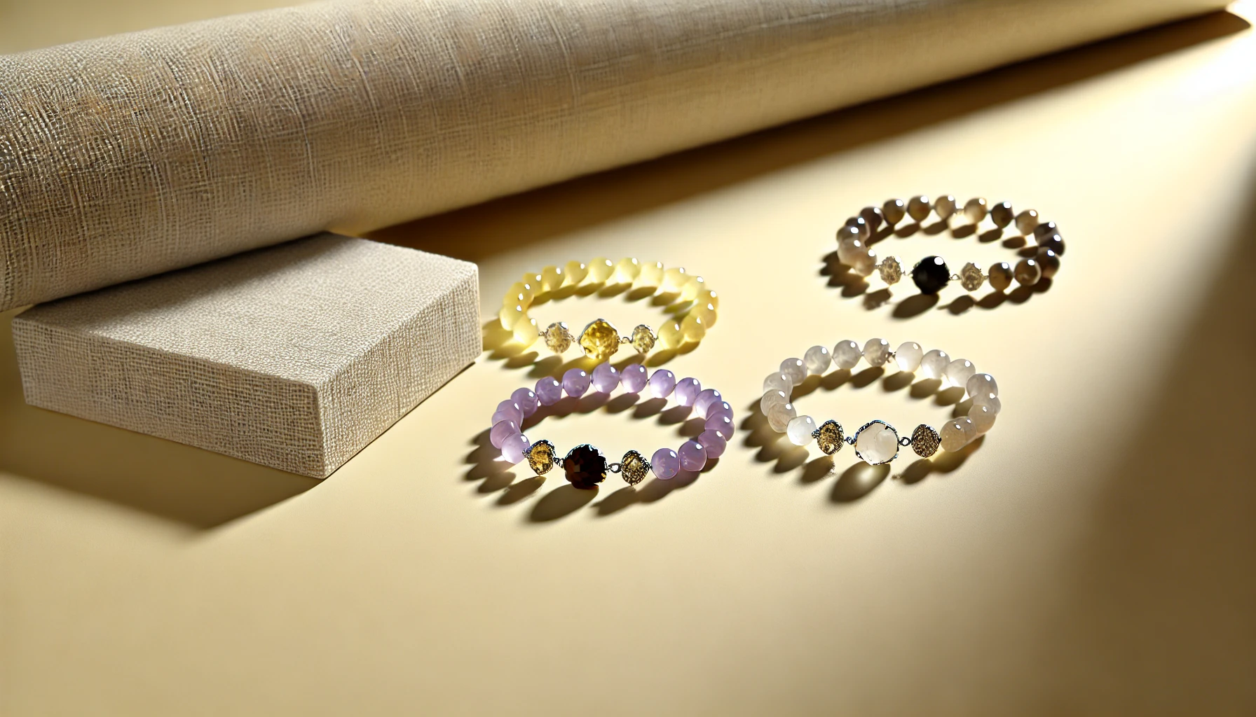 DALL·E 2024-11-09 16.56.58 - A minimalist, elegant display featuring crystal bracelets with styles resembling the ones provided, including yellow citrine, purple amethyst, and moo