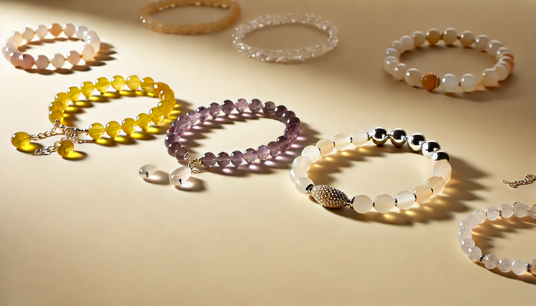 DALL·E 2024-11-09 16.57.00 - A minimalist, elegant display featuring crystal bracelets with styles resembling the ones provided, including yellow citrine, purple amethyst, and moo