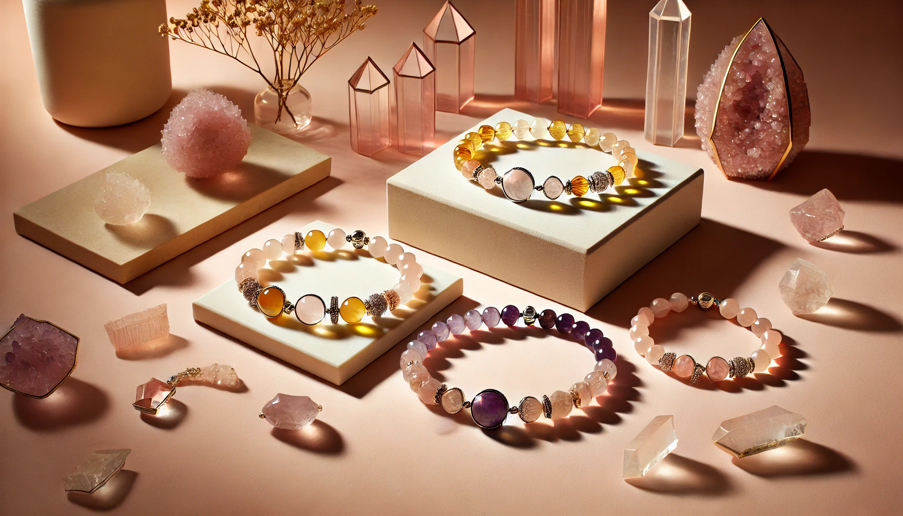 DALL·E 2024-11-09 16.58.57 - A minimalist, elegant display featuring crystal bracelets with styles resembling the ones provided, including yellow citrine, purple amethyst, and moo