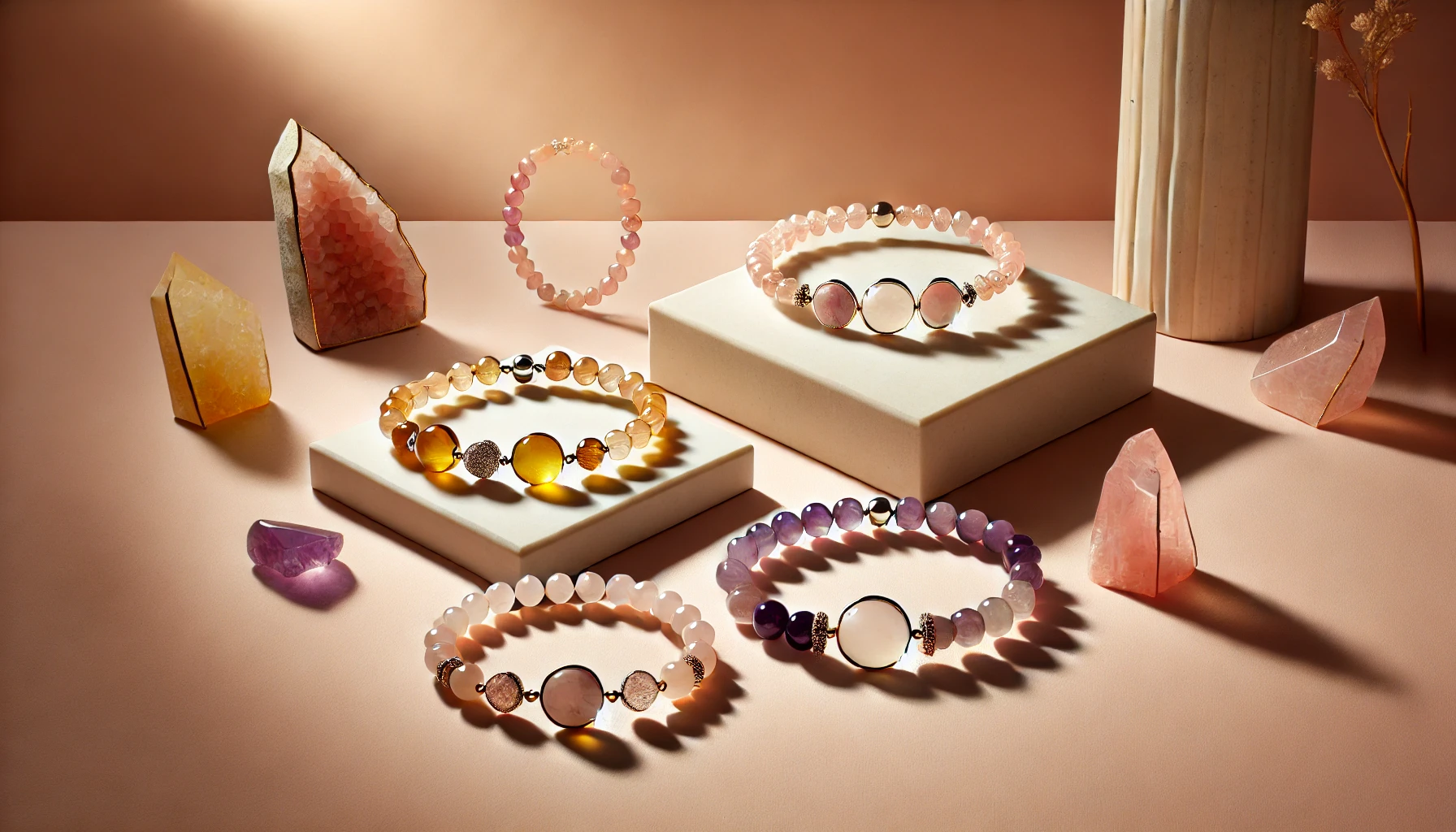 DALL·E 2024-11-09 16.59.58 - A minimalist, elegant display featuring crystal bracelets with styles resembling the ones provided, including yellow citrine, purple amethyst, and moo