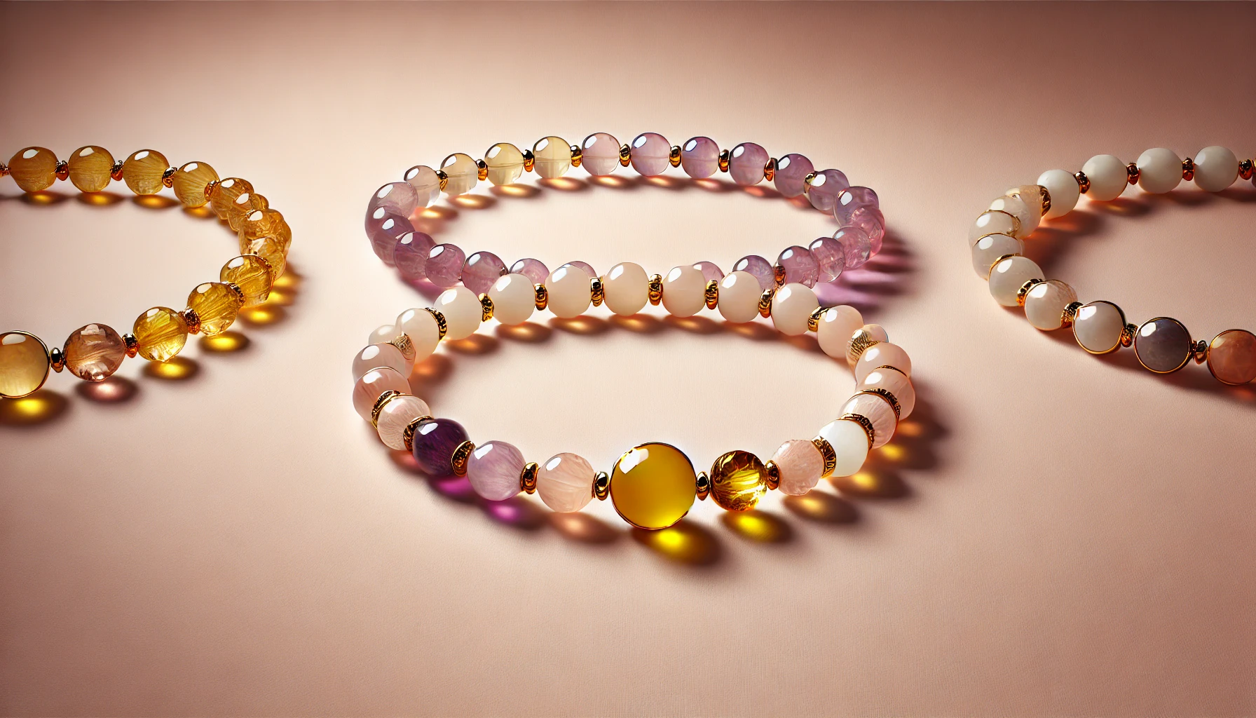 DALL·E 2024-11-09 17.04.05 - An extremely minimalist and elegant display featuring realistic crystal bracelets, closely resembling the provided reference image, including yellow c