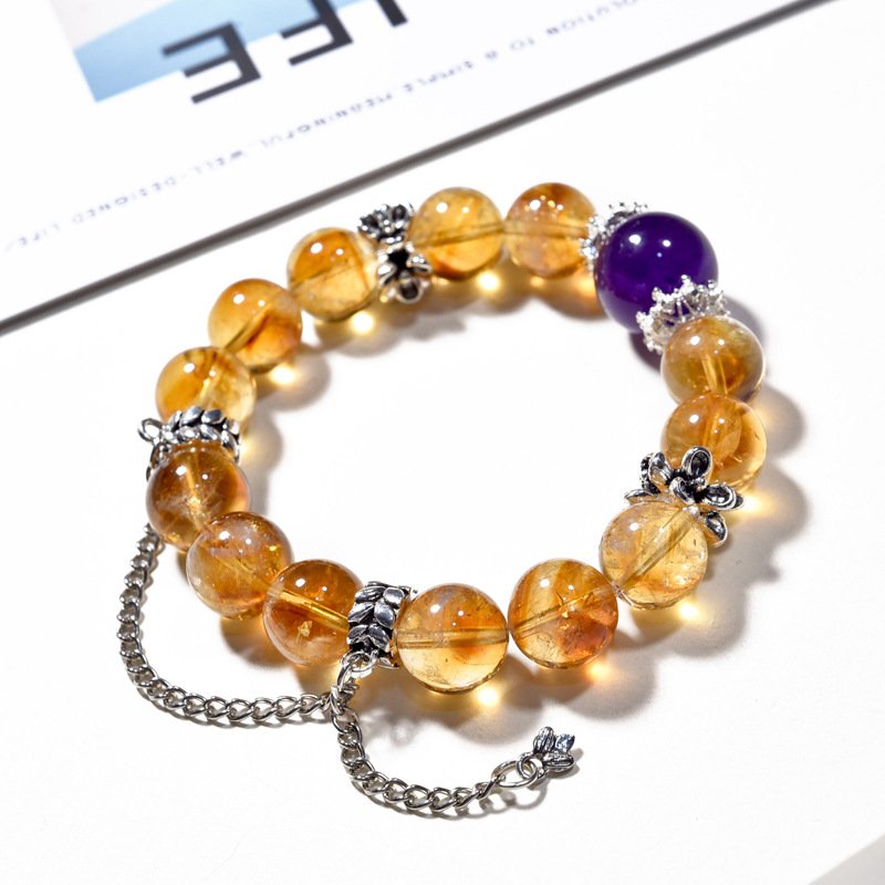 Yellow Aasai Crystal Bracelet with Yellow Quartz Beads, Color-Protected Alloy, Natural Purple Quartz