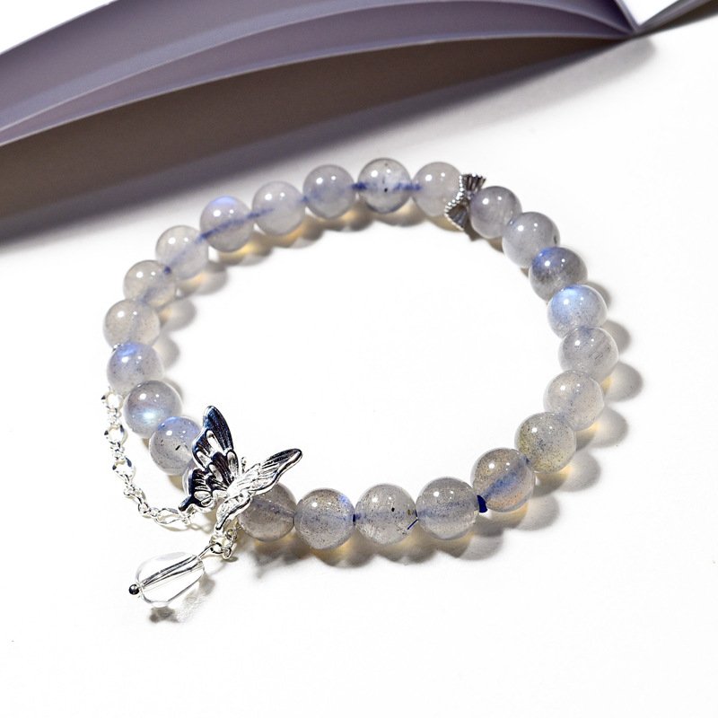 Gray Moonstone Bracelet with Color-Preserving Butterfly Decoration