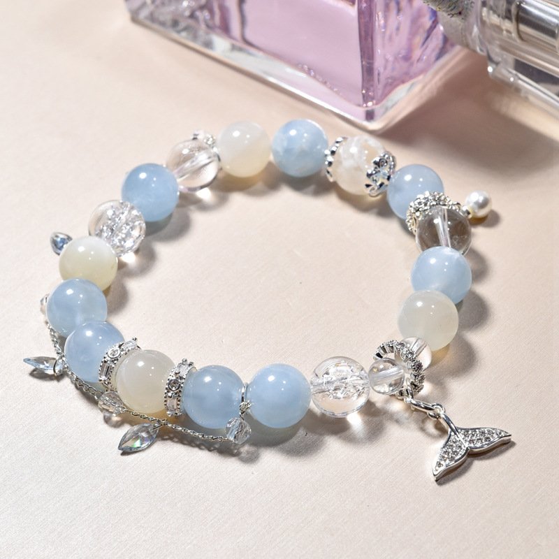 Aquamarine Bracelet with White Moonstone – Delicate Fish Tail Pendant, Luxe and Unique Design for Women