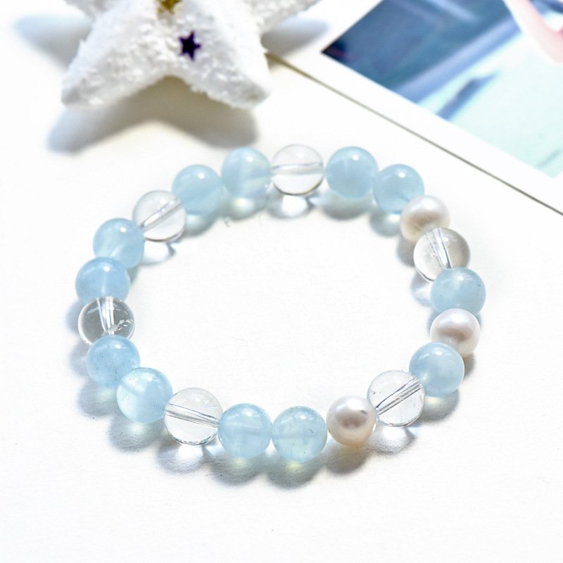 Aquamarine Bead Bracelet – Natural White Quartz and Pearl, Simple and Fresh Design