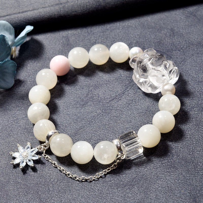 Natural White Moonstone and Clear Quartz Fox Bracelet – Unique and Elegant Design