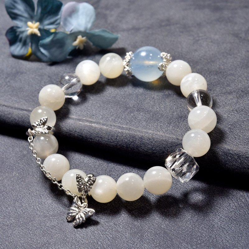 Natural White Moonstone and Aquamarine Butterfly Bracelet – Elegant and Unique