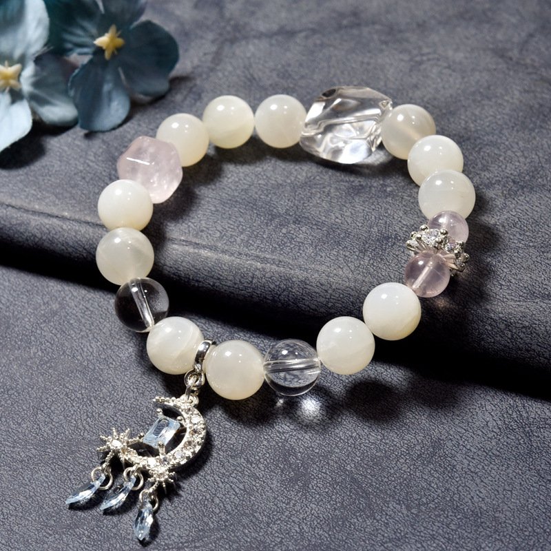 Natural White Moonstone Bracelet with White Quartz and Micro-Paved Moon Pendant