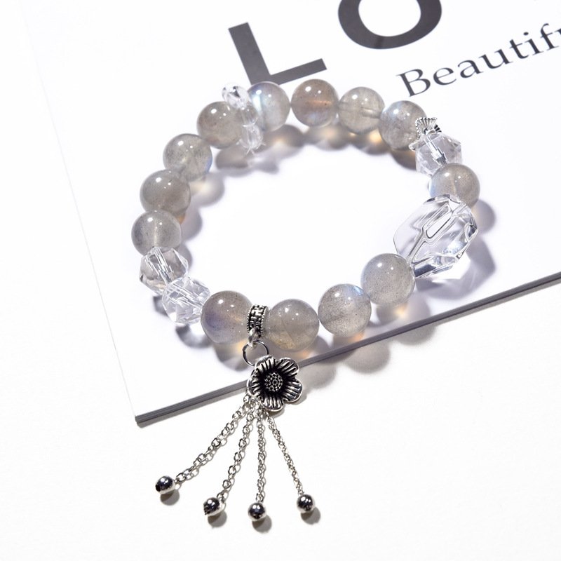 Gray Moonstone & White Crystal Bracelet with Tassels