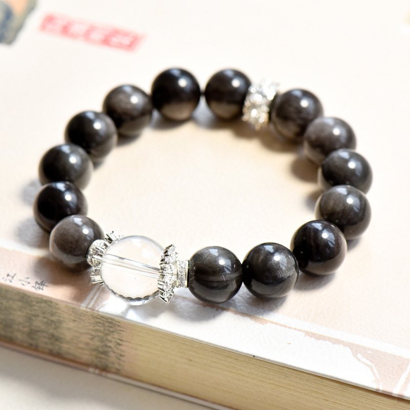 Natural Silver Obsidian & White Crystal Bracelet – Elegant Fashion Jewelry for Women