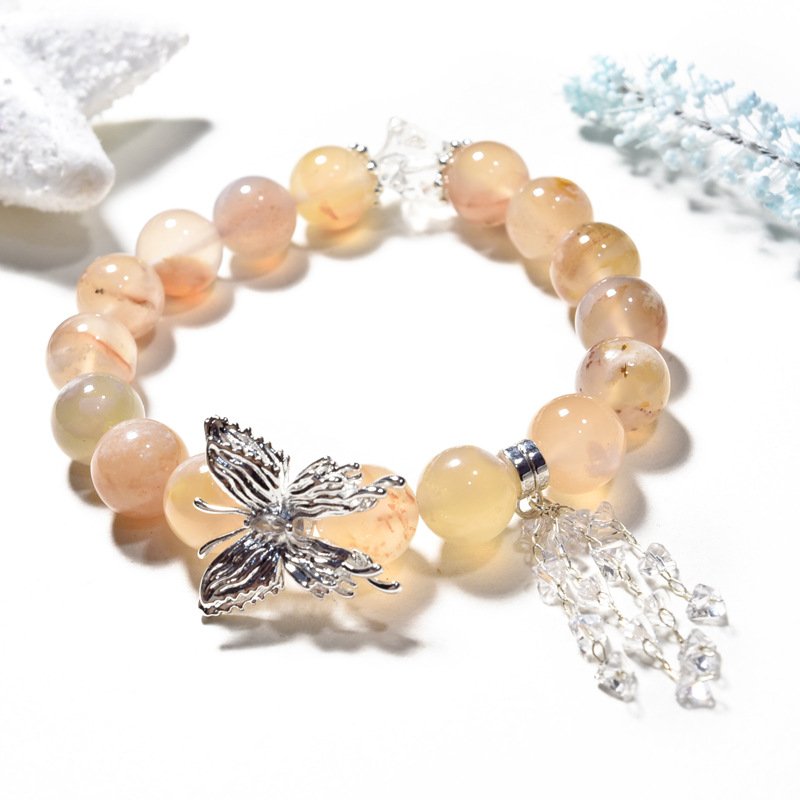 Natural Cherry Blossom Agate Crystal Bracelet with Butterfly – Unique Design