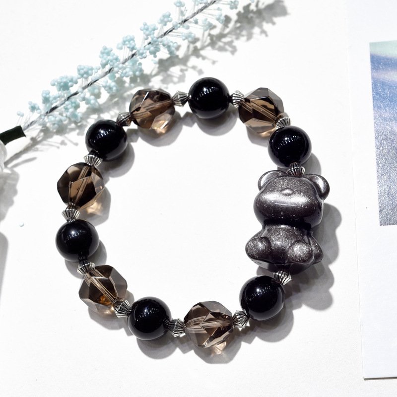 Natural Crystal Bracelet: Tea Crystal, Black Obsidian & Silver Obsidian Bear Bracelet