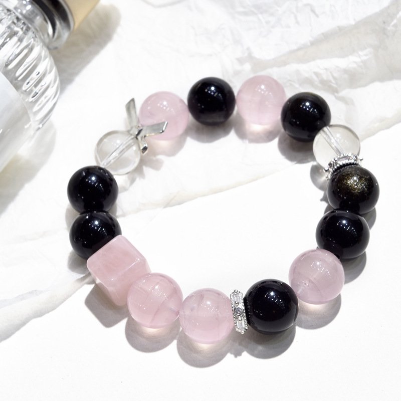 Natural Pink Quartz Bracelet – Gold Obsidian Butterfly Bow Design