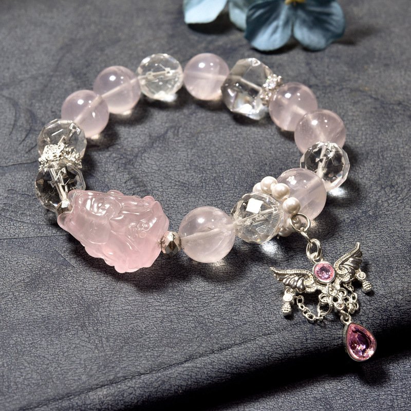 “Natural Starlight Rose Quartz Bracelet with Nine-Tailed Fox Pendant, Micro-paved Angel Wings Charm, and Faceted White Quartz for Attracting Love”