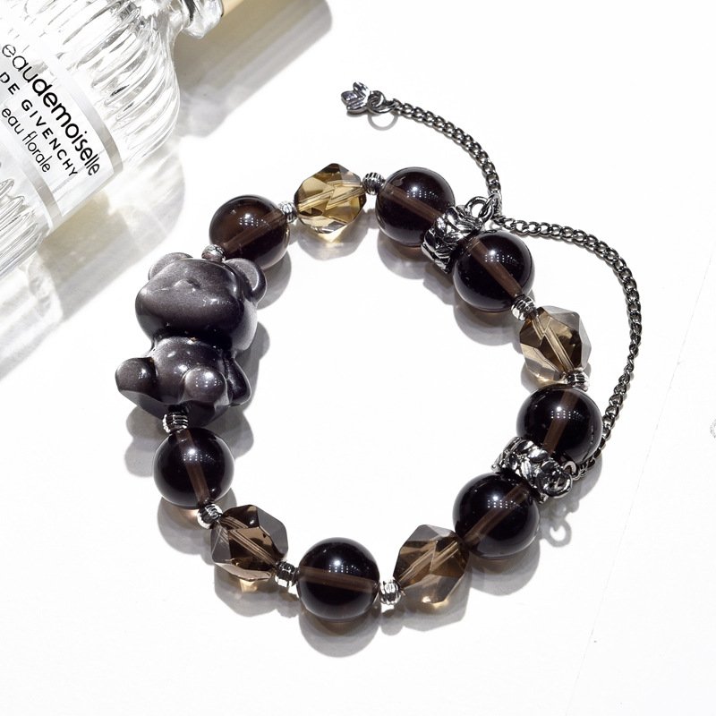 Tea Quartz & Silver Obsidian Bear Bracelet