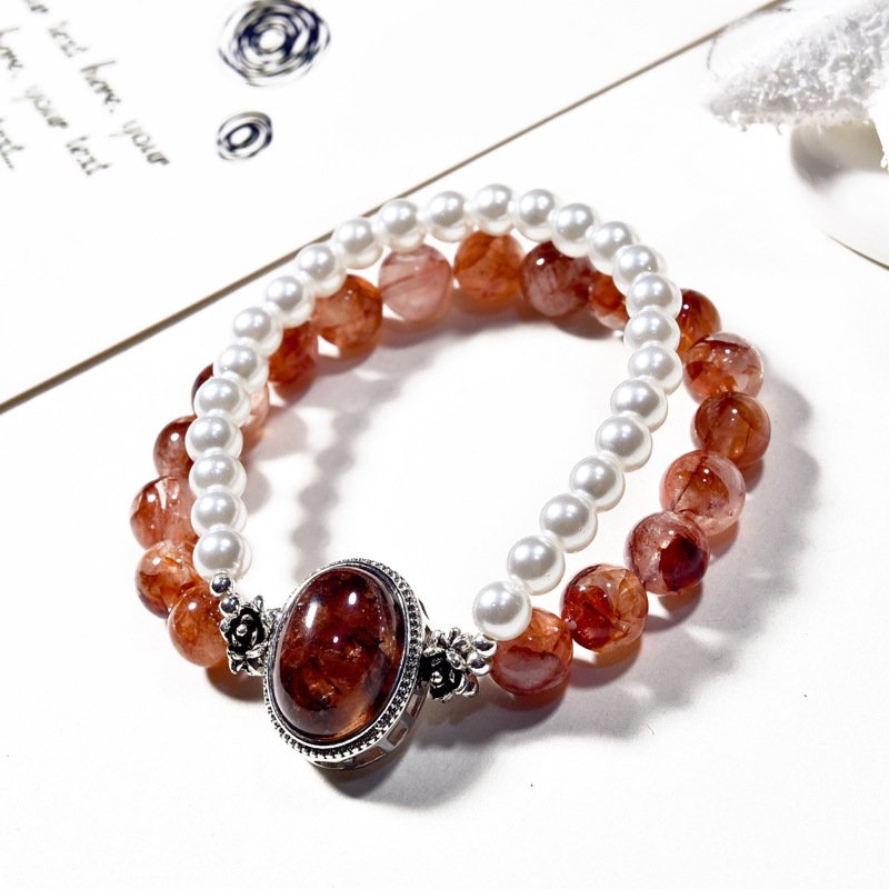 Natural Red Flower Quartz and Pearl Multi-Wrap Bracelet