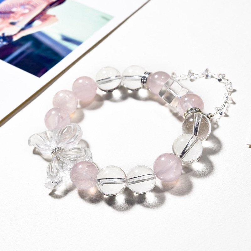 Natural Pink Quartz and White Quartz Bracelet with Butterfly Elements