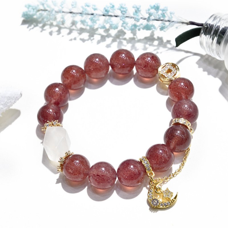 Natural Strawberry Quartz Bracelet with Star and Moon Accents