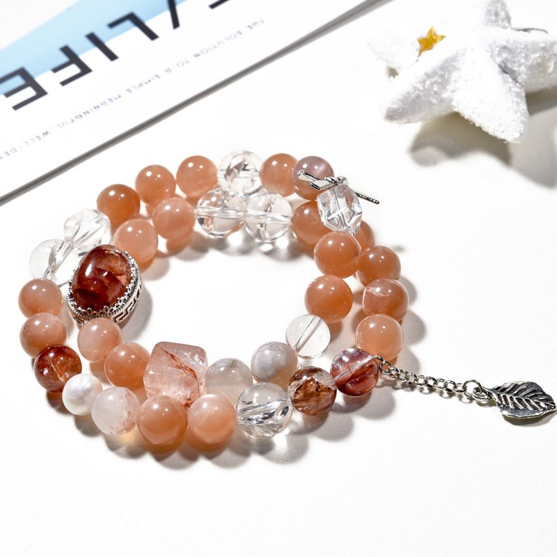 Sunstone Bracelet with Orange Moonstone and Flower Charm