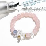 Natural Pink Quartz Bracelet with White Crystal Bear