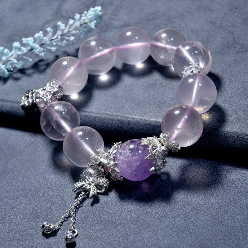 Natural Rose Quartz Bracelet with Bow Accents