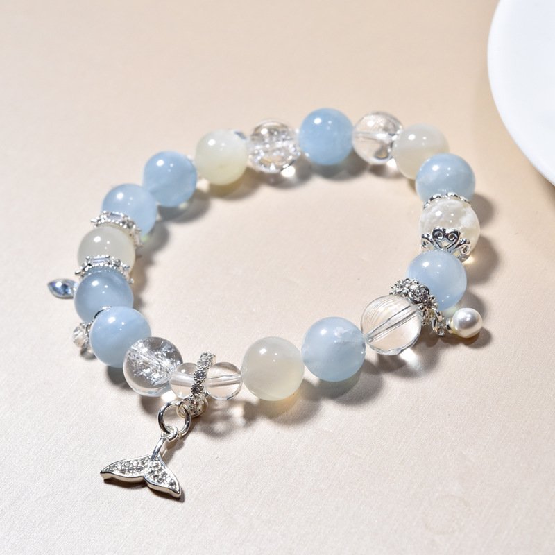 Aquamarine Bracelet with White Moonstone – Delicate Fish Tail Pendant, Luxe and Unique Design for Women