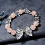 “Natural Pink Quartz Butterfly Bracelet – Creative Crystal Design with White Quartz Wings”