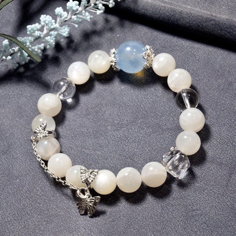 Natural White Moonstone and Aquamarine Butterfly Bracelet – Elegant and Unique