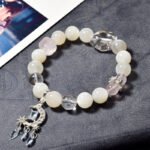 Natural White Moonstone Bracelet with White Quartz and Micro-Paved Moon Pendant