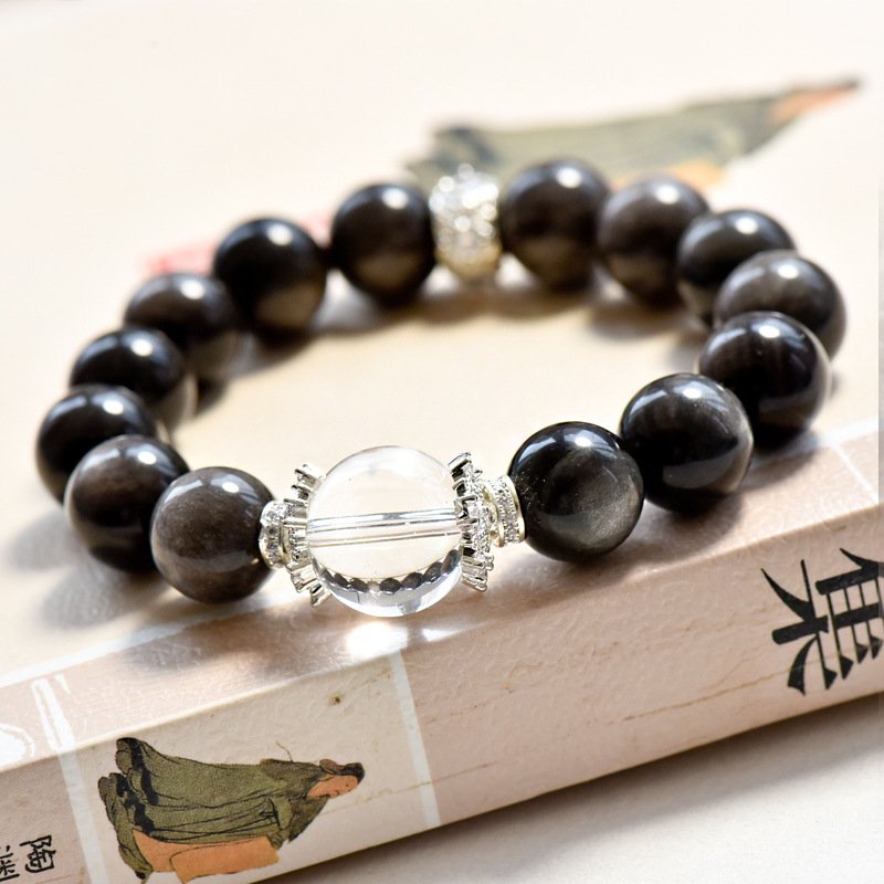 Natural Silver Obsidian & White Crystal Bracelet – Elegant Fashion Jewelry for Women