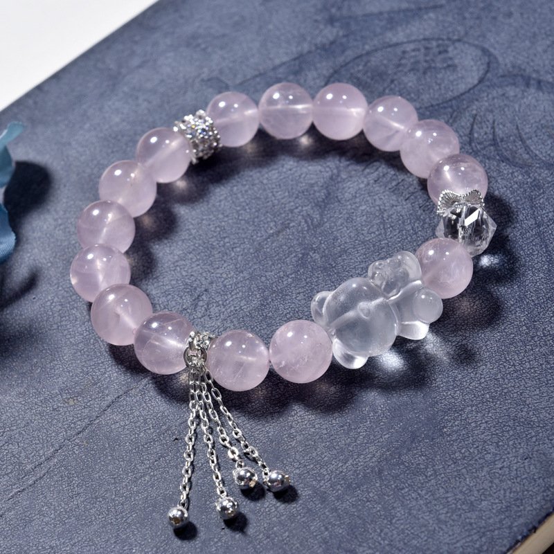 Bear Design Bracelet with Natural Rose Quartz, Love Attraction, Tassel Detail