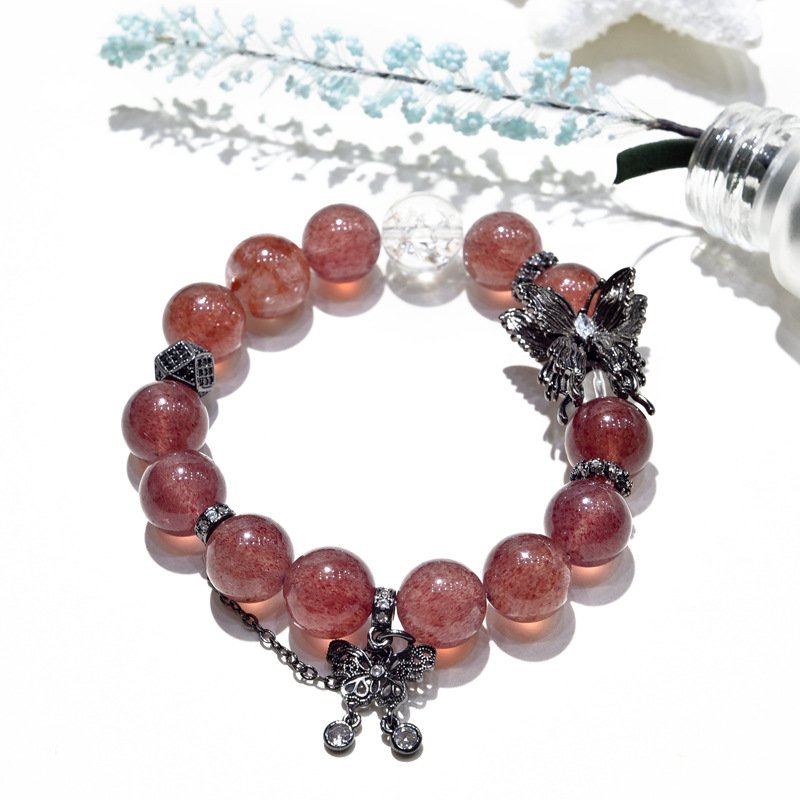 Natural Strawberry Quartz Bracelet – Butterfly Charm Design