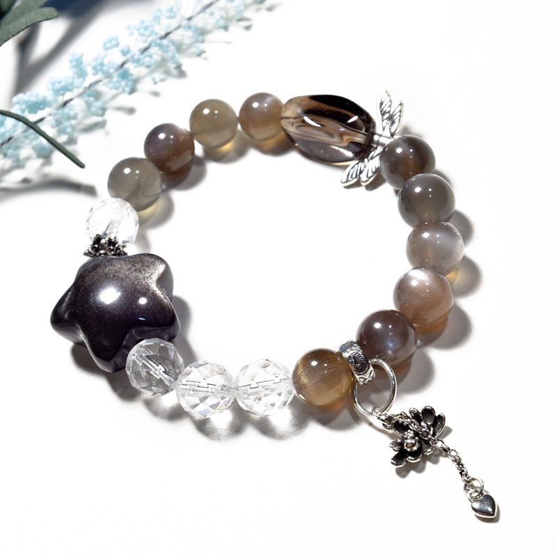 Black Bone & White Crystal Bracelet with Silver Obsidian and Five-Pointed Star Charm