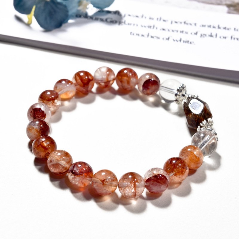 Natural Red Flower Quartz and Black Gold Tourmaline Bracelet