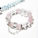 Natural Pink Quartz and White Quartz Bracelet with Butterfly Elements