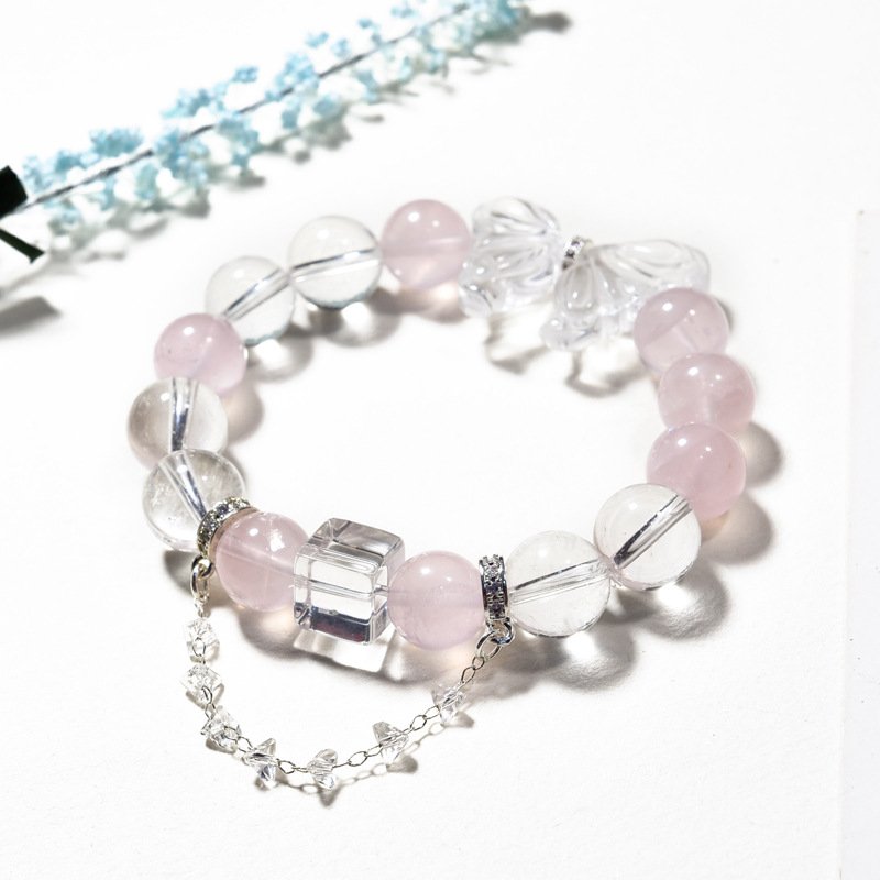 Natural Pink Quartz and White Quartz Bracelet with Butterfly Elements