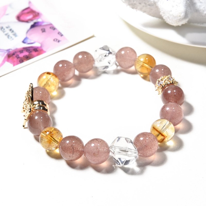 Natural Strawberry Quartz and Yellow Assay Butterfly Design Bracelet