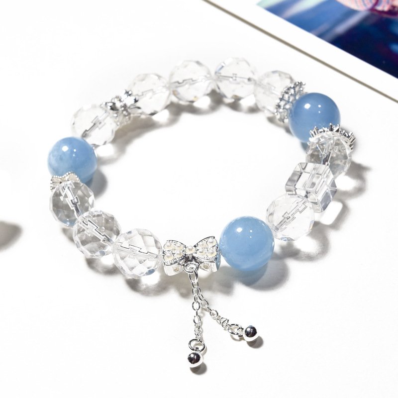 Natural White Crystal Faceted Bracelet with Aquamarine Accents