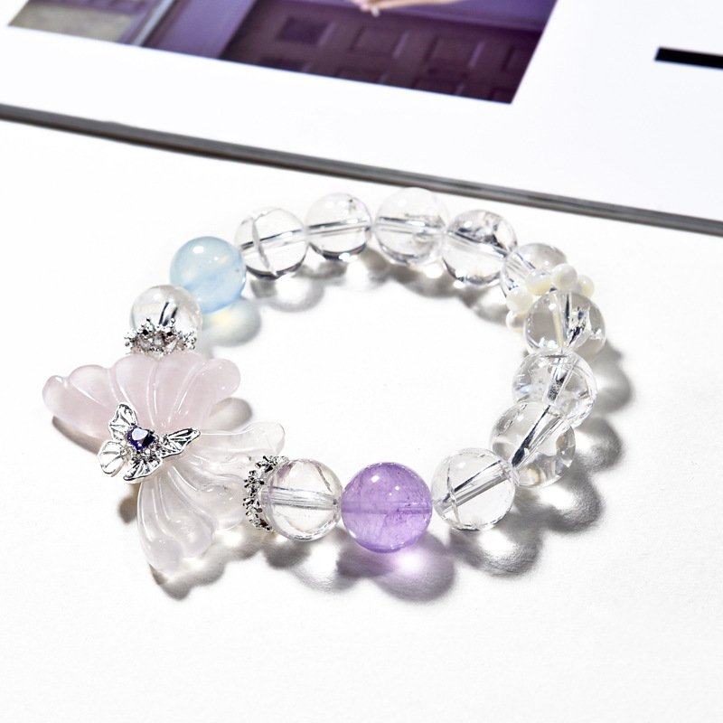 Natural White Ace Quartz and Rose Quartz Butterfly Wing Bracelet