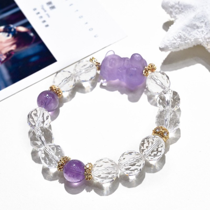 Faceted White Crystal Bracelet with Natural Amethyst Bear Charm