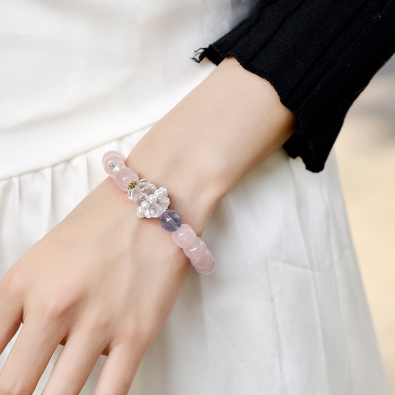 Natural Pink Quartz Bracelet with White Crystal Bear