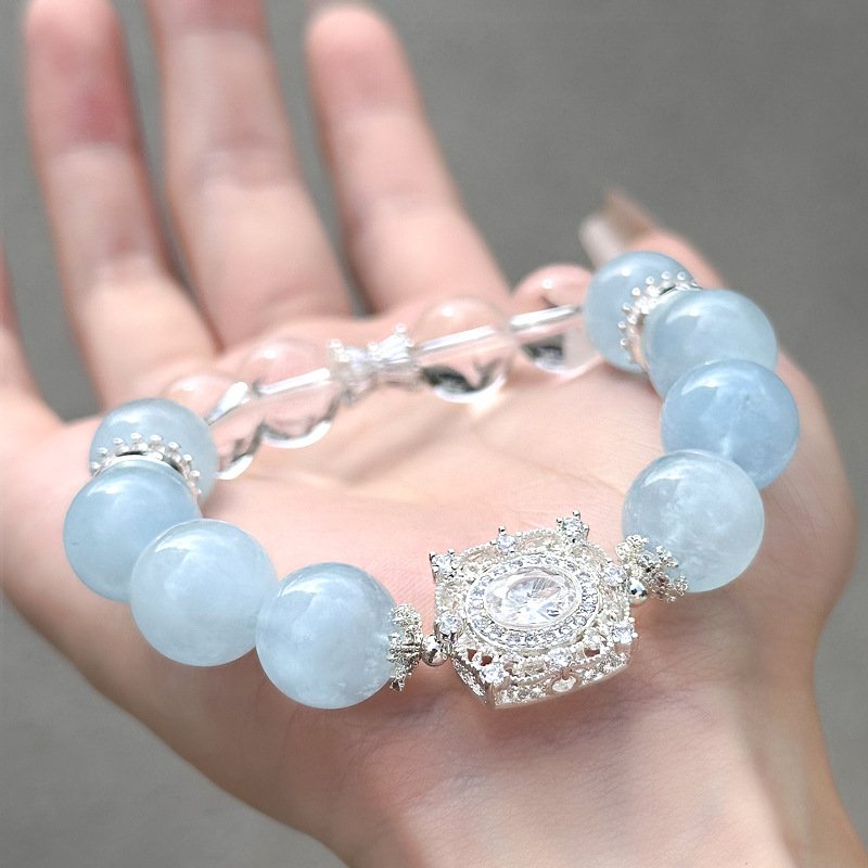 Natural Aquamarine Bracelet with White Crystal Accents