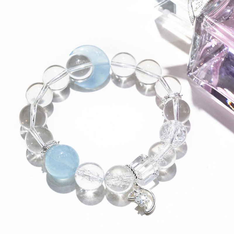 Natural White Aasai Crystal Bracelet with Aquamarine Stars and Moon