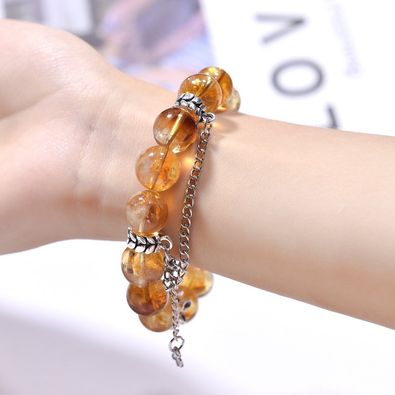 Yellow Aasai Crystal Bracelet with Yellow Quartz Beads, Color-Protected Alloy, Natural Purple Quartz