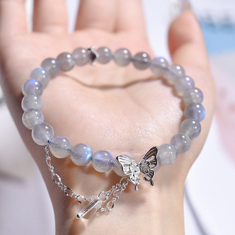 Gray Moonstone Bracelet with Color-Preserving Butterfly Decoration