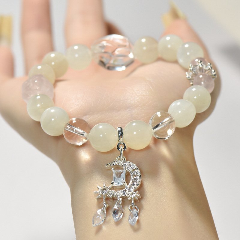 Natural White Moonstone Bracelet with White Quartz and Micro-Paved Moon Pendant