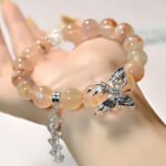 Natural Cherry Blossom Agate Crystal Bracelet with Butterfly – Unique Design