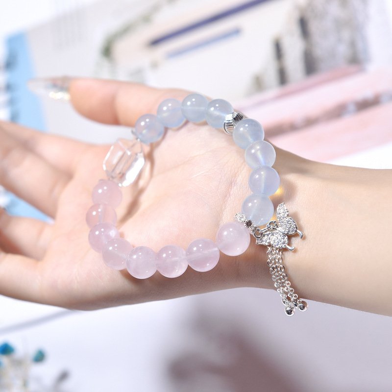 Natural Pink Quartz and Aquamarine Beaded Bracelet