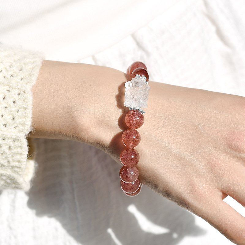 Natural Strawberry Quartz and White Crystal Little Dragon Girl Bracelet