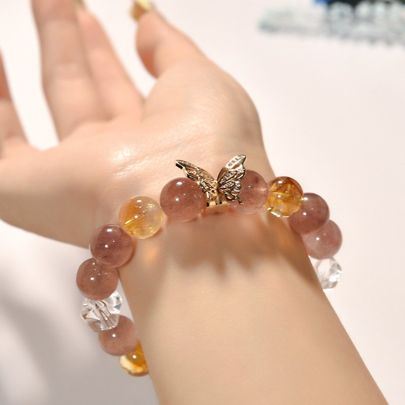 Natural Strawberry Quartz and Yellow Assay Butterfly Design Bracelet